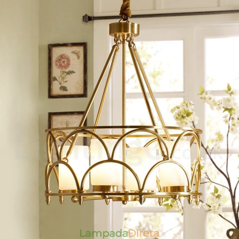 4 Luz Retro Rústico Luxo Latão Pendente Lâmpada Lustre com Sombra de Vidro