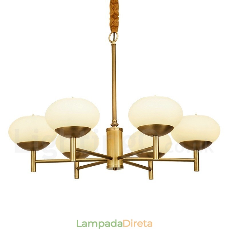 6 Luz Retro Rústico Luxo Latão Pendente Lâmpada Lustre com Sombra de Vidro