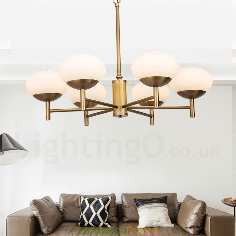 6 Luz Retro Rústico Luxo Latão Pendente Lâmpada Lustre com Sombra de Vidro