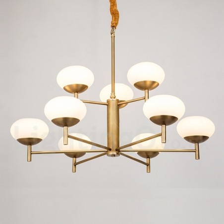 Lustre de pingente de latão luxuoso retrô rústico de 9 luzes com cúpula de vidro Lustre de pingente de latão luxuoso retrô rústico de 9 luzes com cúpula de vidro