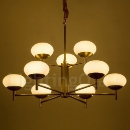 Lustre de pingente de latão luxuoso retrô rústico de 9 luzes com cúpula de vidro