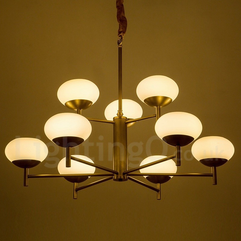 Lustre de pingente de latão luxuoso retrô rústico de 9 luzes com cúpula de vidro