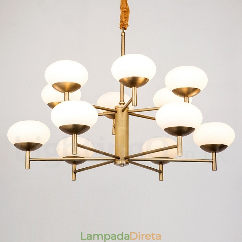 Lustre de pingente de latão luxuoso retrô rústico de 12 luzes com cúpula de vidro