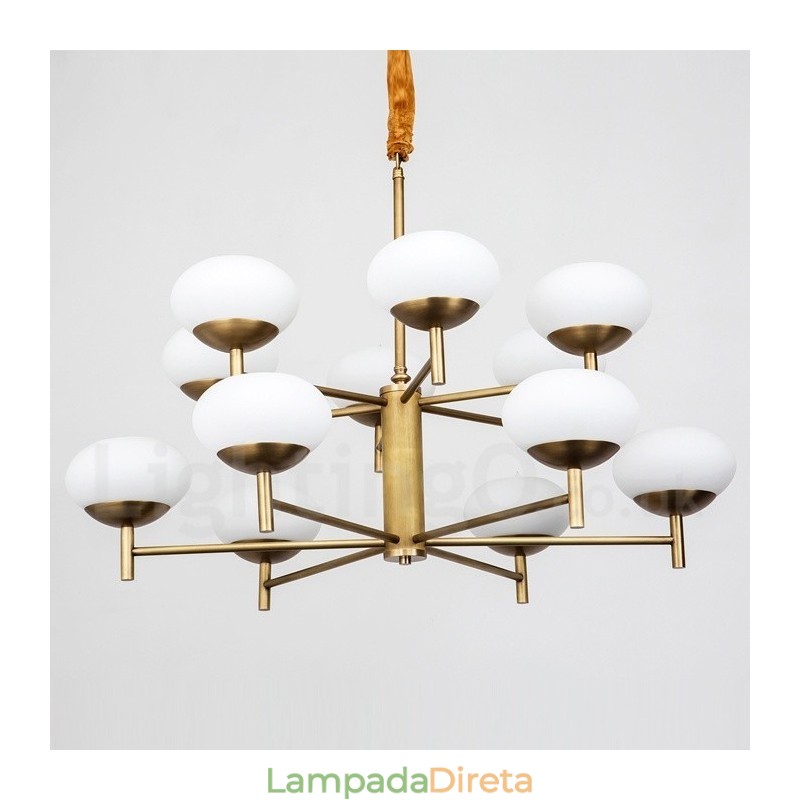 Lustre de pingente de latão luxuoso retrô rústico de 12 luzes com cúpula de vidro