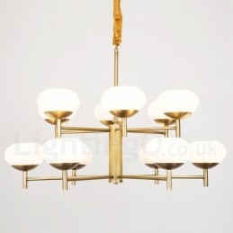 Lustre de pingente de latão luxuoso retrô rústico de 12 luzes com cúpula de vidro