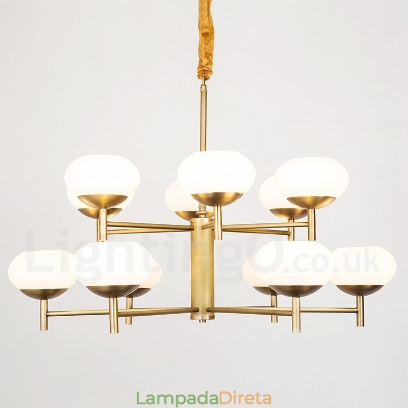 Lustre de pingente de latão luxuoso retrô rústico de 12 luzes com cúpula de vidro
