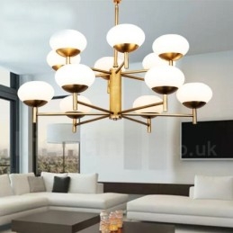Lustre de pingente de latão luxuoso retrô rústico de 12 luzes com cúpula de vidro