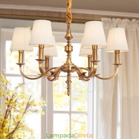 Lustre de pingente de latão luxuoso retrô rústico de 6 luzes com sombra de tecido Lustre de pingente de latão luxuoso retrô rústico de 6 luzes com sombra de tecido