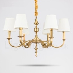 Lustre de pingente de latão luxuoso retrô rústico de 6 luzes com sombra de tecido