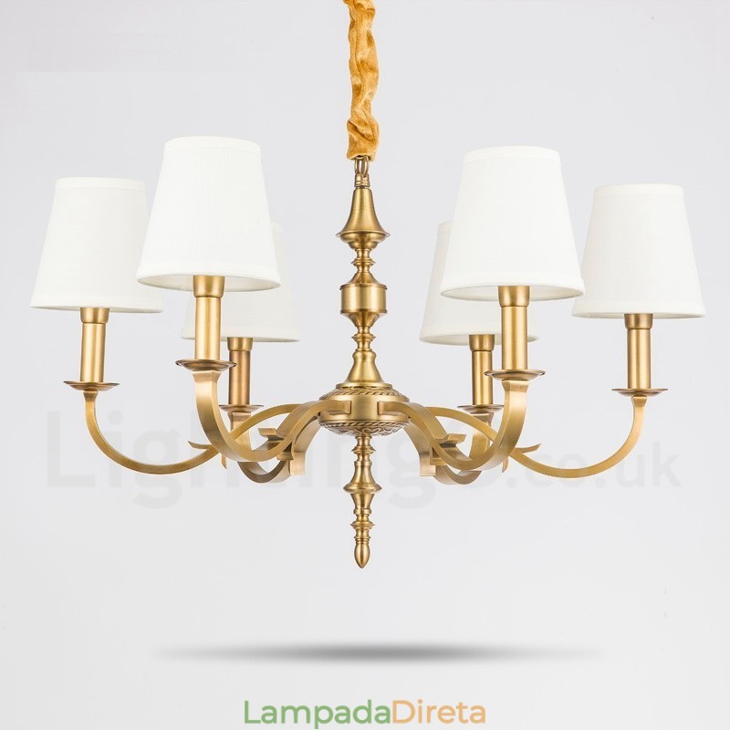 Lustre de pingente de latão luxuoso retrô rústico de 6 luzes com sombra de tecido