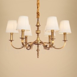 Lustre de pingente de latão luxuoso retrô rústico de 6 luzes com sombra de tecido