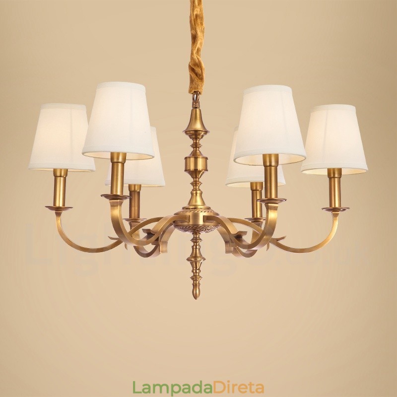 Lustre de pingente de latão luxuoso retrô rústico de 6 luzes com sombra de tecido