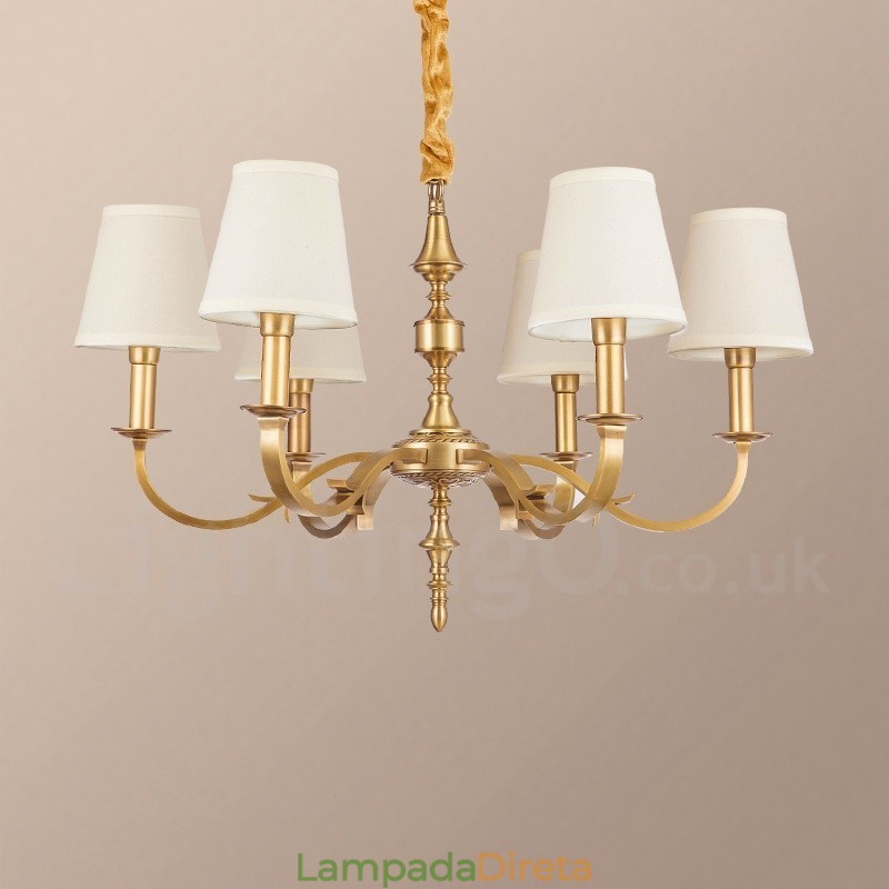 Lustre de pingente de latão luxuoso retrô rústico de 6 luzes com sombra de tecido