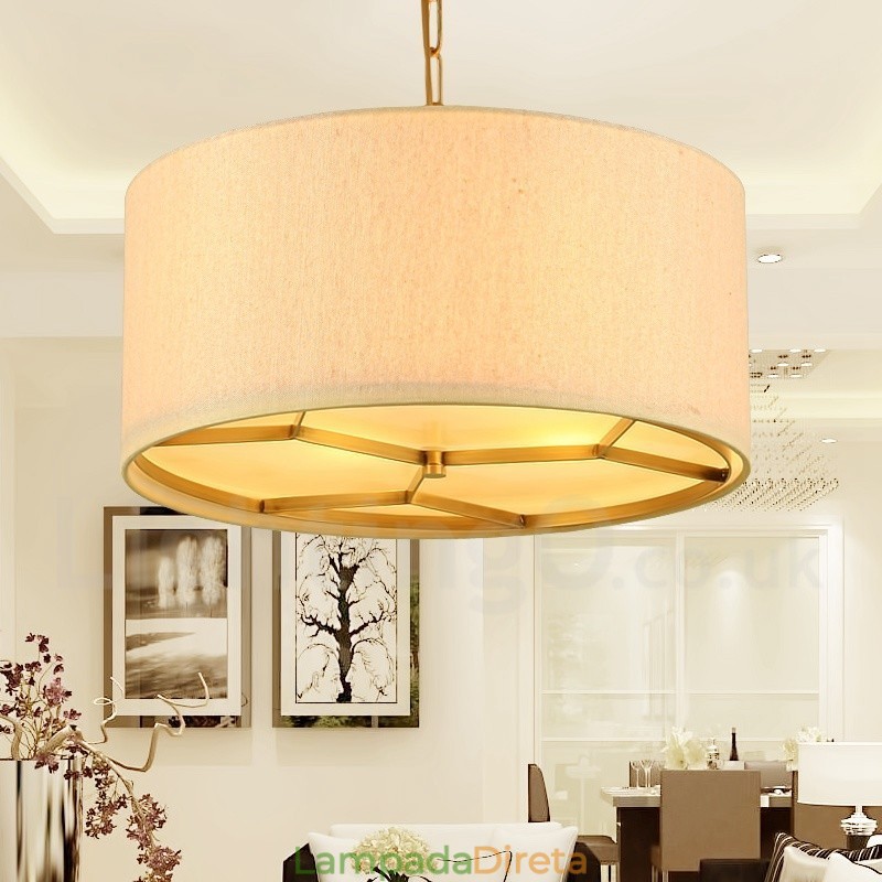 4 Luz Retro Rústico Luxo Latão Pendente Lâmpada Lustre com Tecido Sombra