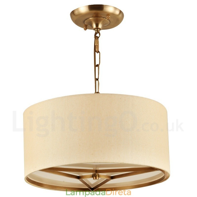 4 tambor de luz retro rústico luxo latão pingente lâmpada lustre com tecido sombra