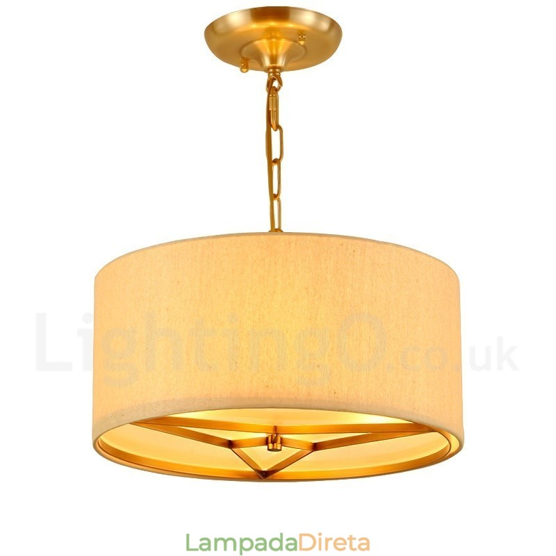 4 tambor de luz retro rústico luxo latão pingente lâmpada lustre com tecido sombra