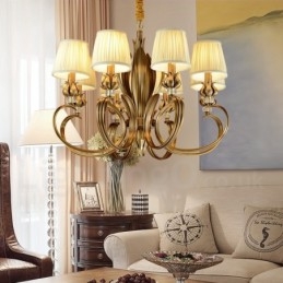 8 Luz Retro Rústico Luxo Latão Pendente Lâmpada Lustre com Tecido Sombra