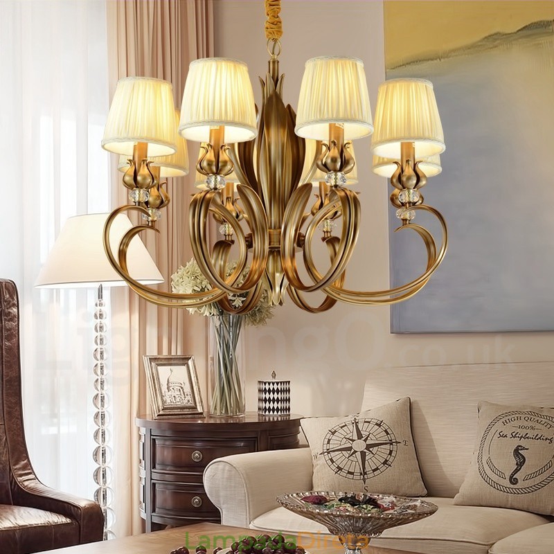 8 Luz Retro Rústico Luxo Latão Pendente Lâmpada Lustre com Tecido Sombra