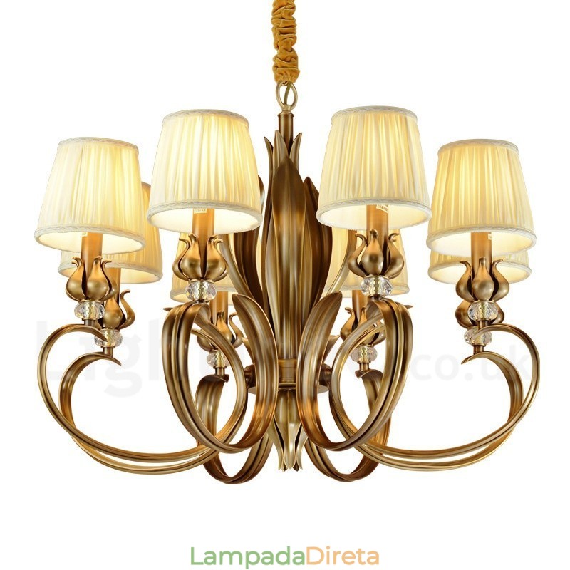 8 Luz Retro Rústico Luxo Latão Pendente Lâmpada Lustre com Tecido Sombra