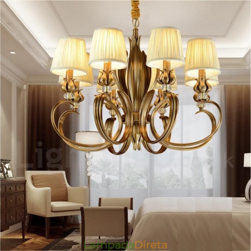8 Luz Retro Rústico Luxo Latão Pendente Lâmpada Lustre com Tecido Sombra