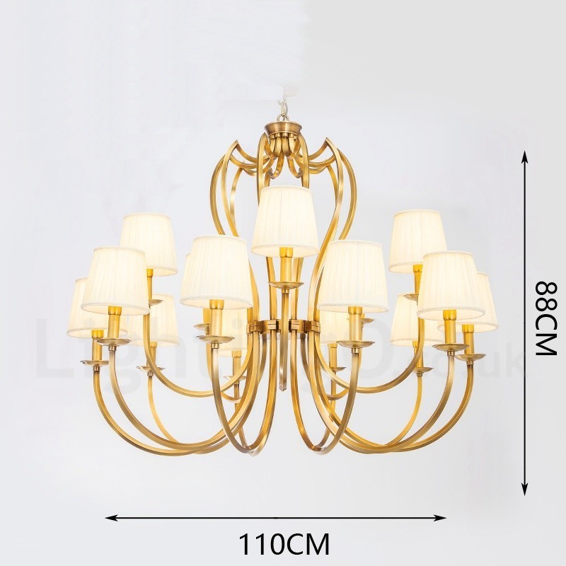 Lustre de pingente de latão luxuoso retrô rústico de 18 luzes com sombra de tecido