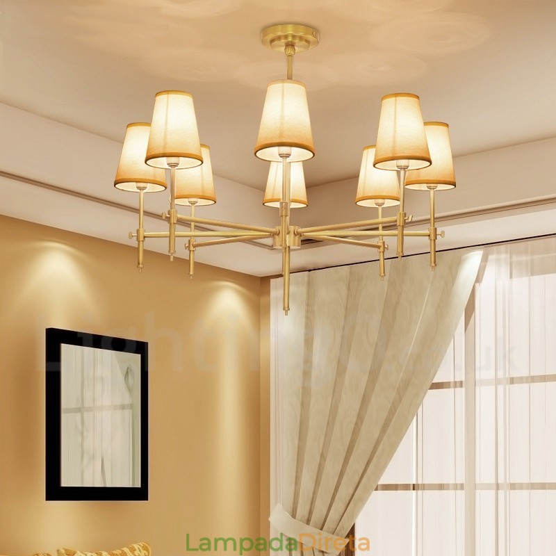 8 Luz Retro Rústico Luxo Latão Pendente Lâmpada Lustre com Tecido Sombra