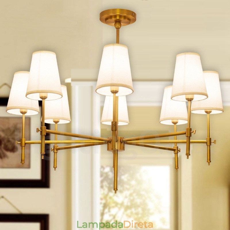 8 Luz Retro Rústico Luxo Latão Pendente Lâmpada Lustre com Tecido Sombra