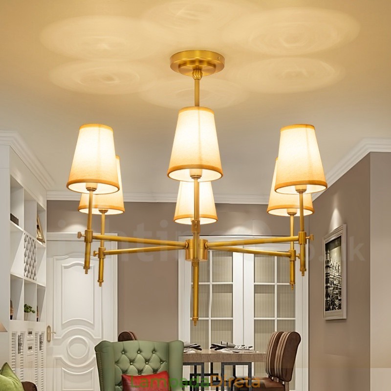 Lustre de pingente de latão luxuoso retrô rústico de 6 luzes com sombra de tecido