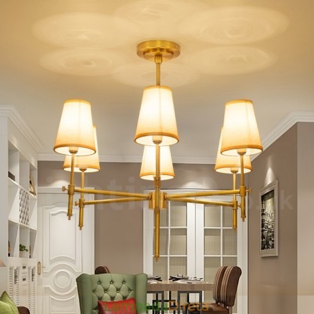Lustre de pingente de latão luxuoso retrô rústico de 6 luzes com sombra de tecido Lustre de pingente de latão luxuoso retrô rústico de 6 luzes com sombra de tecido