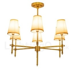 Lustre de pingente de latão luxuoso retrô rústico de 6 luzes com sombra de tecido