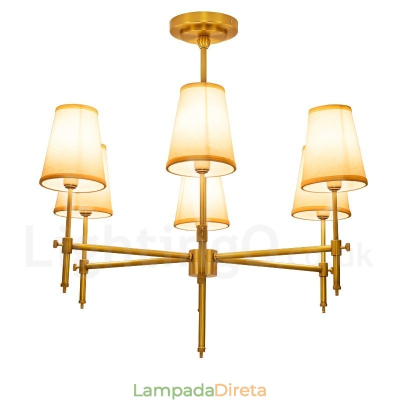 Lustre de pingente de latão luxuoso retrô rústico de 6 luzes com sombra de tecido
