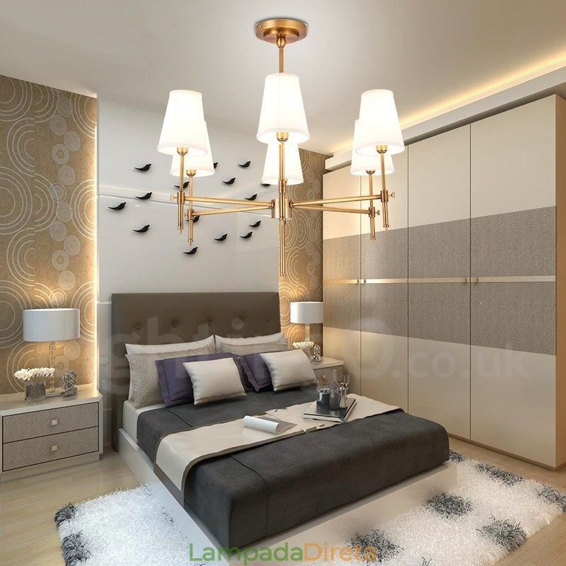 Lustre de pingente de latão luxuoso retrô rústico de 6 luzes com sombra de tecido