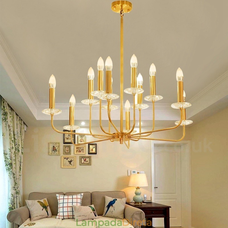 Lustre de pingente de latão retrô rústico de luxo com 12 luzes