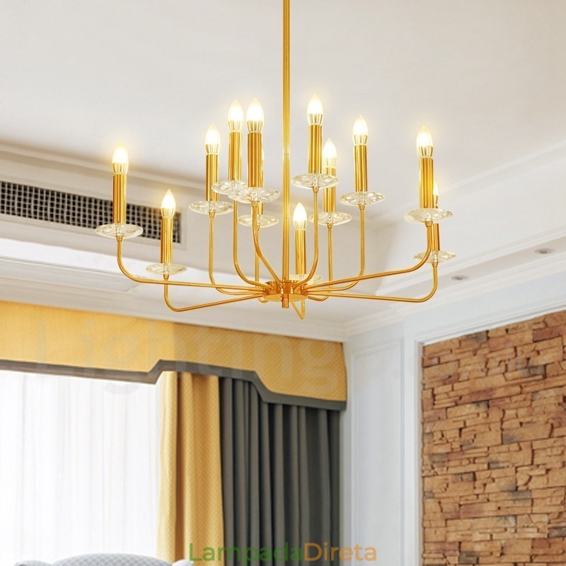 Lustre de pingente de latão retrô rústico de luxo com 12 luzes