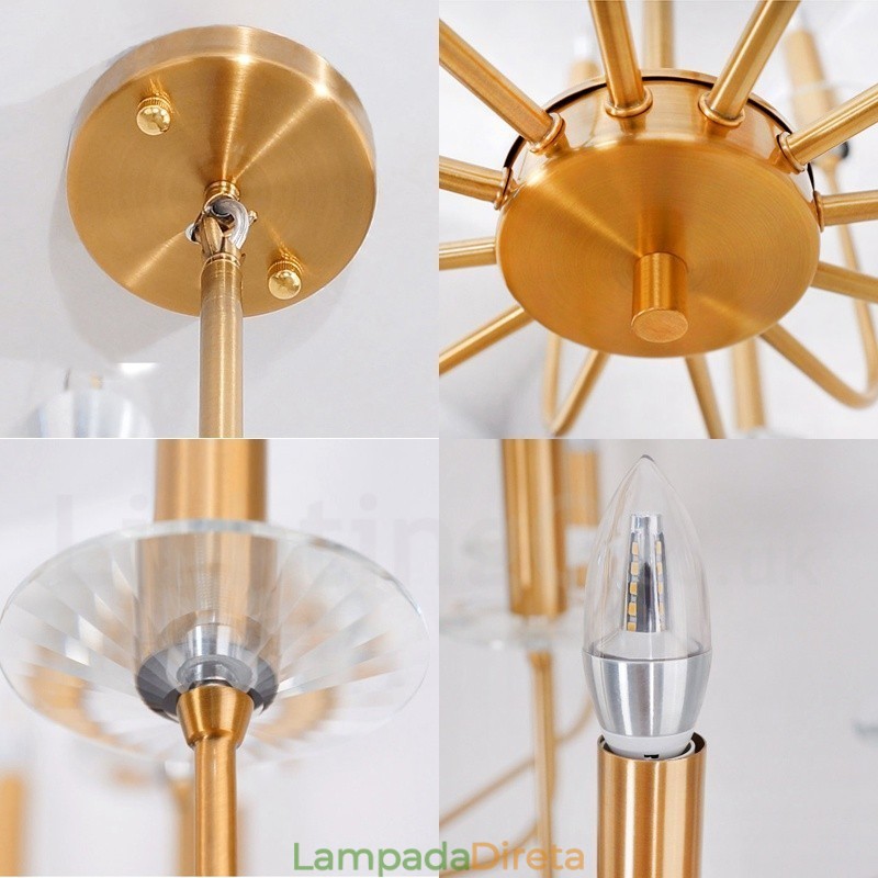 Lustre de pingente de latão retrô rústico de luxo com 12 luzes
