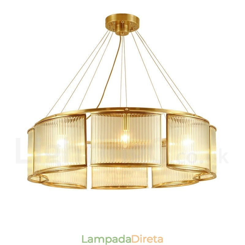 Lustre de pingente de latão luxuoso retrô rústico de 8 luzes com cúpula de vidro