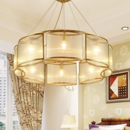 Lustre de pingente de latão luxuoso retrô rústico de 8 luzes com cúpula de vidro
