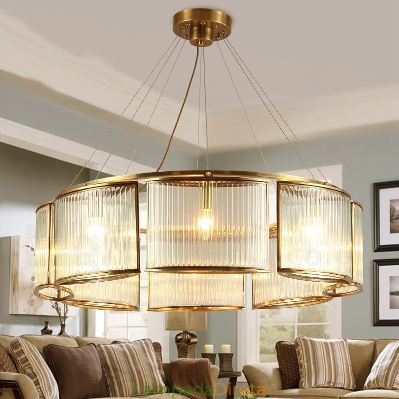 Lustre de pingente de latão luxuoso retrô rústico de 8 luzes com cúpula de vidro