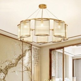 Lustre de pingente de latão luxuoso retrô rústico de 8 luzes com cúpula de vidro