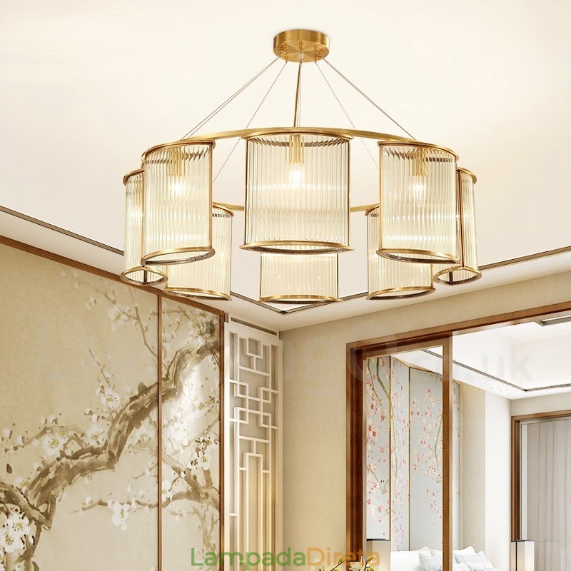 Lustre de pingente de latão luxuoso retrô rústico de 8 luzes com cúpula de vidro