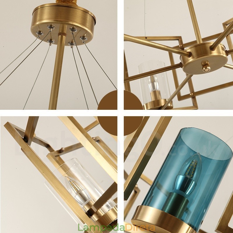 6 Luz Retro Rústico Luxo Latão Pendente Lâmpada Lustre com Sombra de Vidro