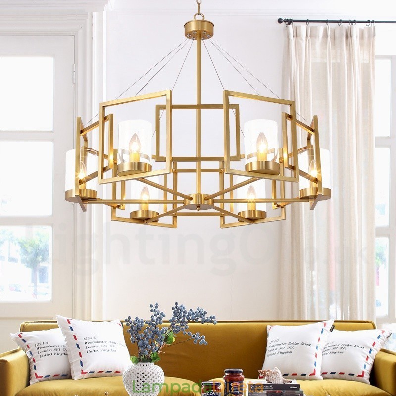 6 Luz Retro Rústico Luxo Latão Pendente Lâmpada Lustre com Sombra de Vidro