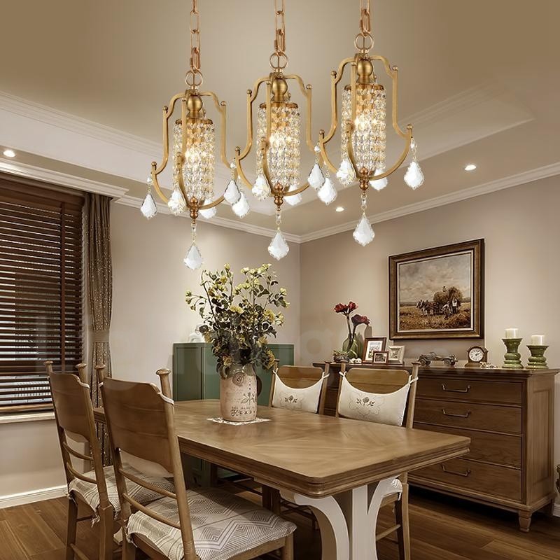1 Lustre de pingente de latão retrô rústico de luxo com abajur de cristal