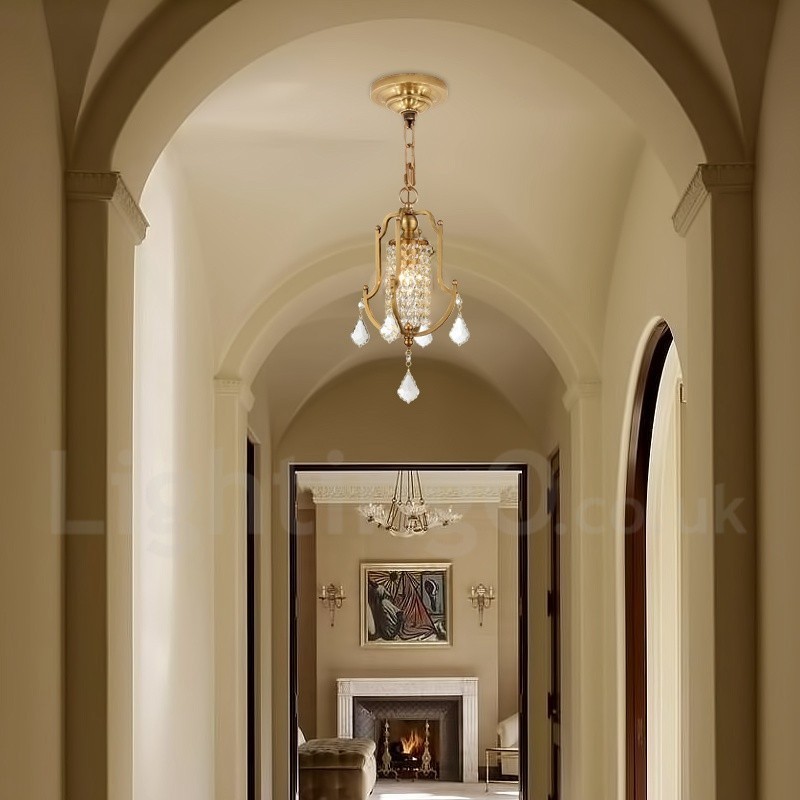 1 Lustre de pingente de latão retrô rústico de luxo com abajur de cristal