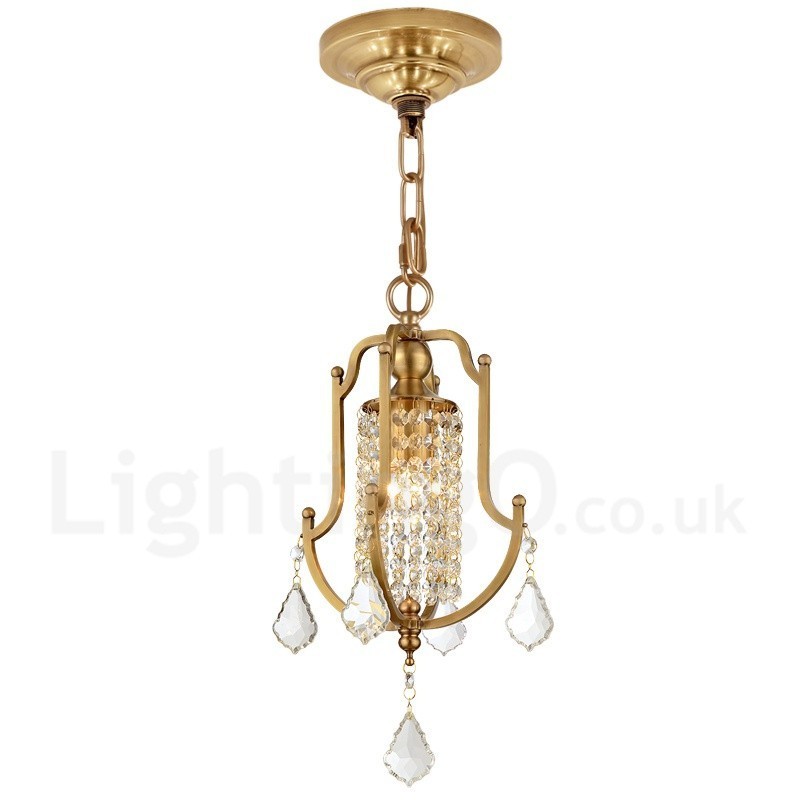 1 Lustre de pingente de latão retrô rústico de luxo com abajur de cristal