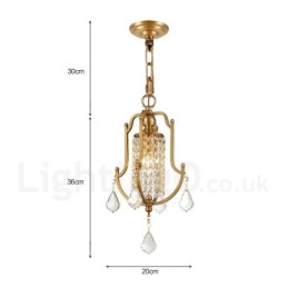 1 Lustre de pingente de latão retrô rústico de luxo com abajur de cristal