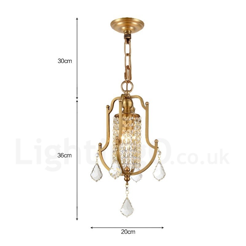 1 Lustre de pingente de latão retrô rústico de luxo com abajur de cristal