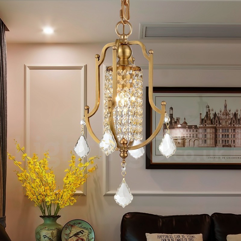 1 Lustre de pingente de latão retrô rústico de luxo com abajur de cristal
