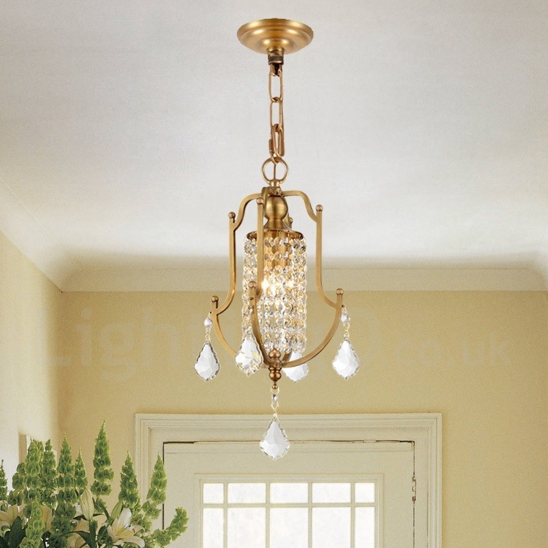 1 Lustre de pingente de latão retrô rústico de luxo com abajur de cristal