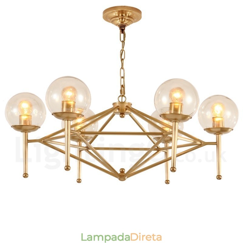 6 Luz Retro Rústico Luxo Latão Pendente Lâmpada Lustre com Sombra de Vidro